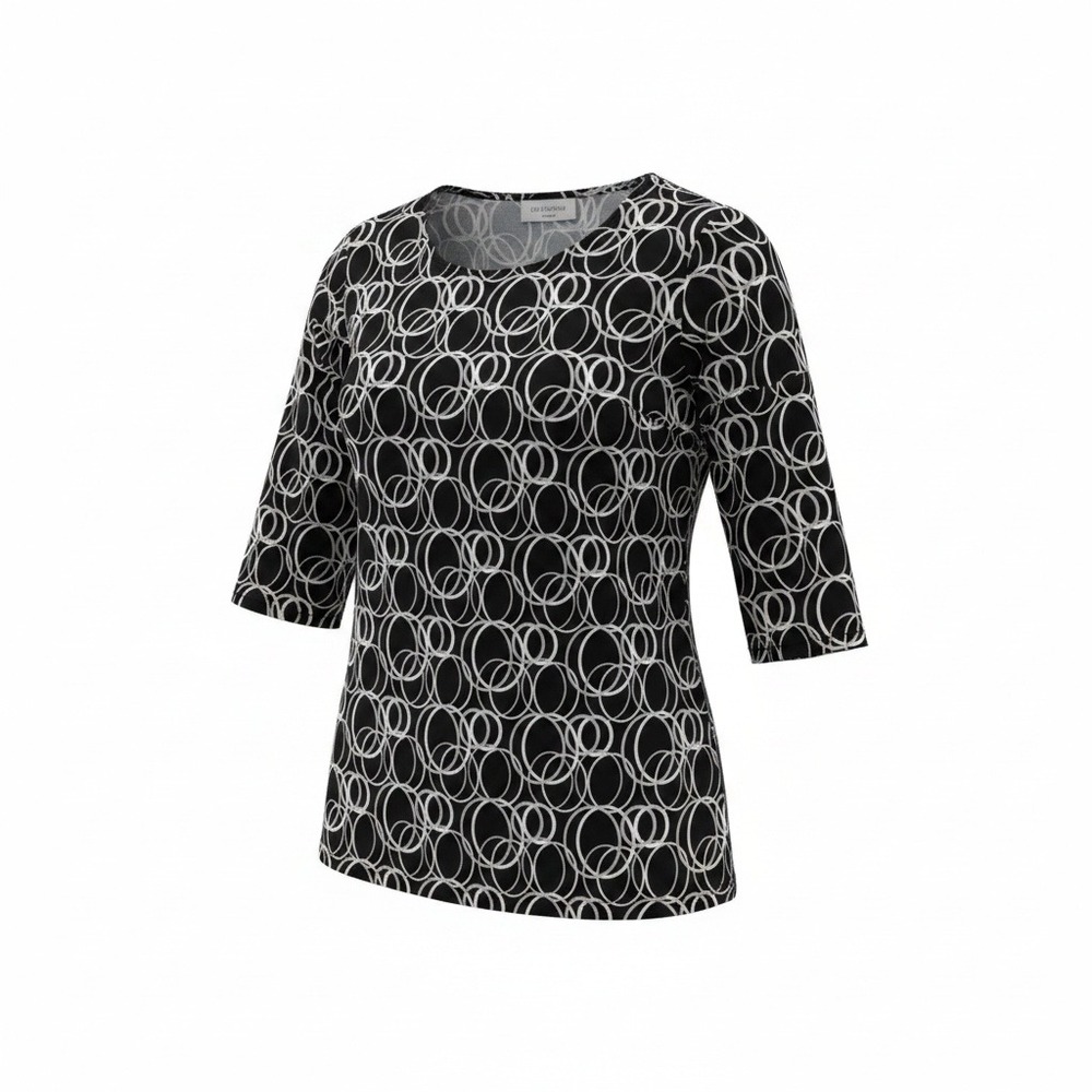 Liz Claiborne Woman 1X Black White Geometric Circle 3/4 Sleeve Tunic Top